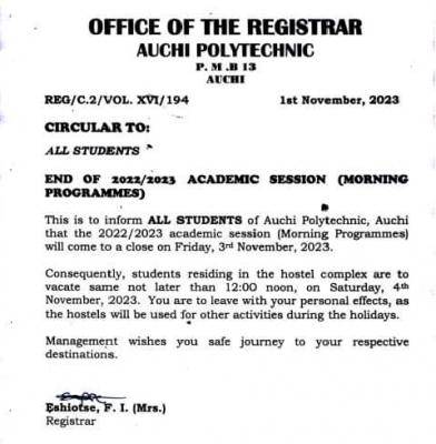 Auchi Poly end of academic session for morning programmes, 2022/2023