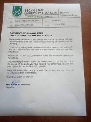 EBSU declares lecture free week to enable students pay their school fees