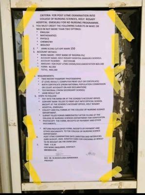 College of Nursing Science, Holy Rosary Hospital, Emekuku admission form, 2025/2026