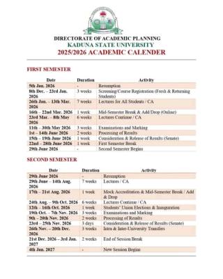 Kaduna State University releases Academic Calendar, 2025/2026
