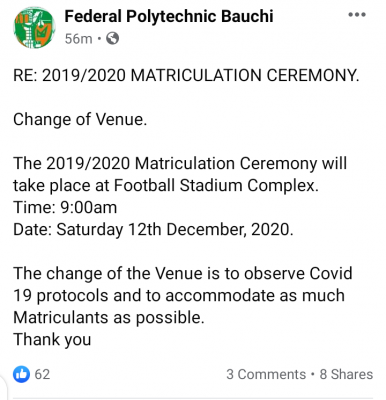 RE: Federal Polytechnic Bauchi changes matriculation venue for 2019/2020 session