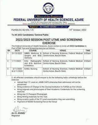 Federal University of Health Sciences Azare announces Post-Utme screening exercise, 2022/2023
