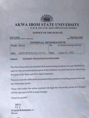 AKSU notice on payment for collection of matriculation gown
