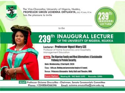 UNN announces 239th Inaugural Lecture