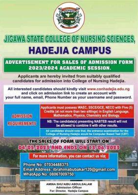 Jigawa State College of Nursing Science Hadejia admission form, 2023/2024