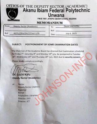 Akanu Ibiam Fed Poly notice on postponement of some examinations