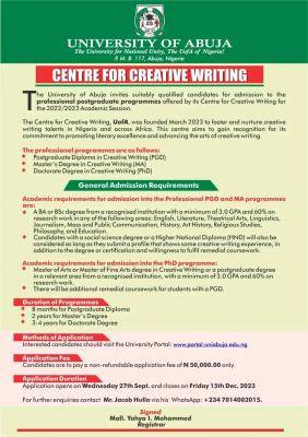 UNIABUJA Professional Postgraduate programme in Creative writing, 2022/2023