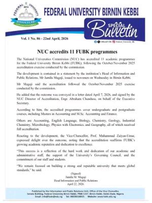 FUBK gets NUC's accreditation for 11 Programmes