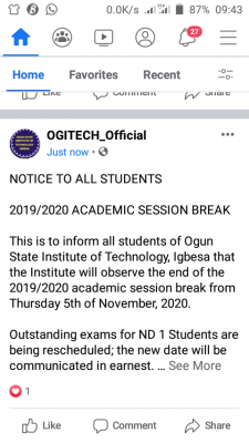 OGITECH notice on academic session break for 2019/2020 session