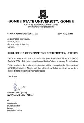 GOMSU notice to graduates exempted from NYSC on collection of exemption letter
