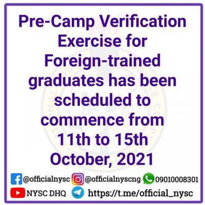 NYSC 2021 Batch 'C' verification schedule for foreign trained graduates
