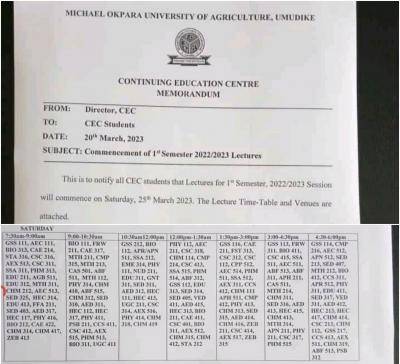 MOAUA notice to CEC students on commencement of 1st semester lectures, 2022/2023