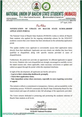 NUBASS notice regarding changes on the Bauchi State Scholarship Portal