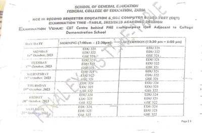 FCE Zaria NCE III second semester examination timetable, 2022/2023 session