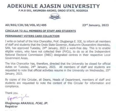 AAUA notice to staff & students on collection of their PVCs