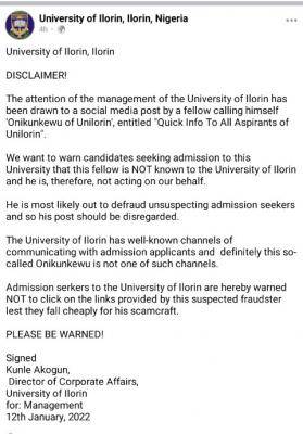 UNILORIN fraud alert notice to admission seekers
