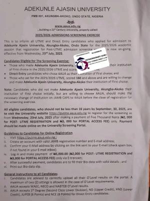 AAUA Post-UTME/DE 2025: cut-off mark, eligibility and registration details
