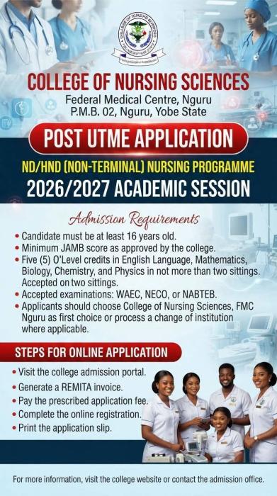 FMC, Nguru College of Nursing Sciences ND/HND admissions, 2026/2027