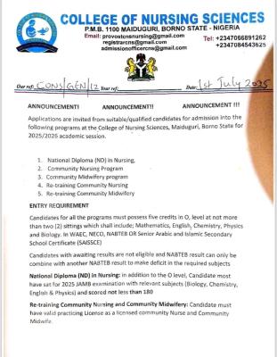 College of Nursing Sciences, Maiduguri Admission forms, 2025/2026
