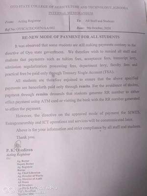 OYSCATECH notice to students on new mode of payment