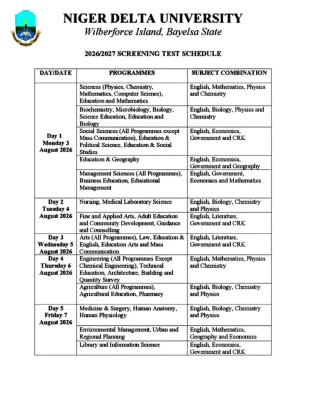 NDU Post-UTME Screening Test Schedule, 2026/2027