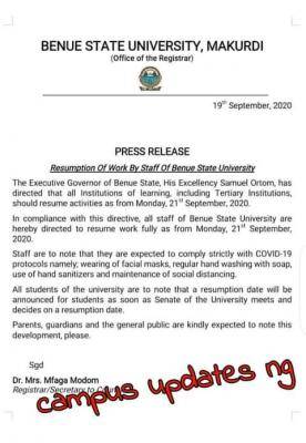 BSU resumption notice to staff and students