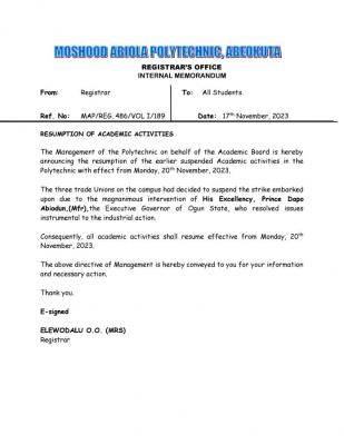 MAPOLY notice on resumption of academic activities