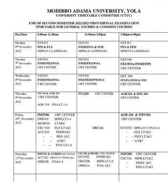 MAUTECH end of second semester provisional examination timetable, 2022/2023 session