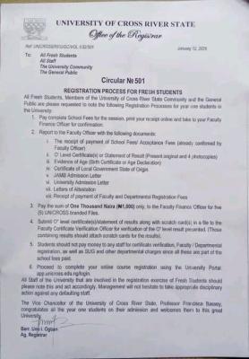 UNICROSS official registration guidelines for fresh students, 2025/2026