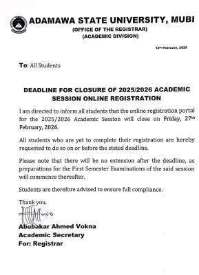 ADSU announces deadline for course registration, 2025/2026