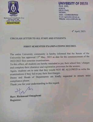 UNIDEL notice on first semester examination, 2022/2023