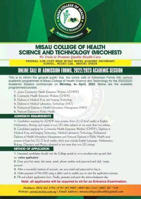 Misau College of Health Science and Technology admission form, 2022/2023