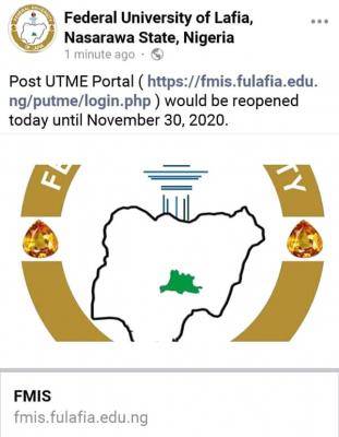 FULAFIA reopens Post-UTME registration portal for 2020/2021 session