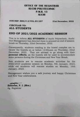 Auchi Poly announces end of 2021/2022 academic session