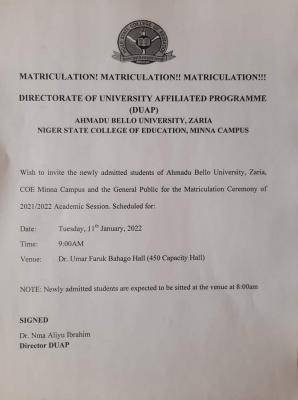 Niger State COE (ABU Affiliated) Degree Matriculation Ceremony, 2021/2022