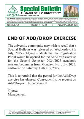 ABU Zaria notice on end of Add/Drop exercise for the Second Semester 2024/2025