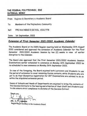 Federal Poly Ede notice on extension of 1st semester 2021/2022 academic calendar