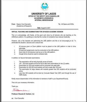 UNILAG notice on virtual teaching and exam for 2019/2020 session