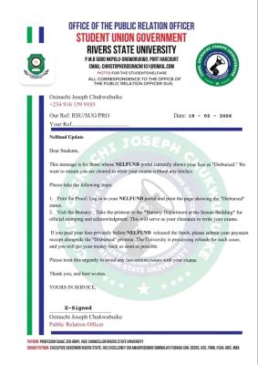 RSUST SUG notice to students on NELFUND