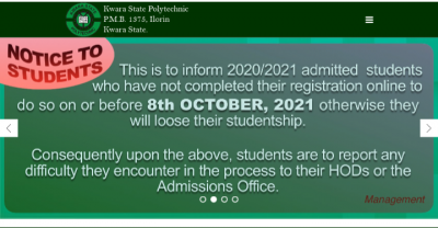 Kwara Poly notice to 2020/2021 admitted students