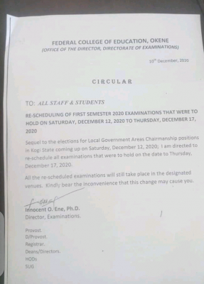 FCE Okene reschedules 2019/2020 1st exams that were to hold on Dec 12th
