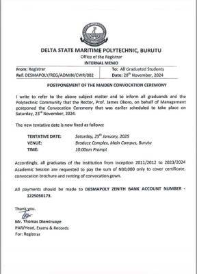 Delta State Maritime Polytechnic postpones maiden convocation Ceremony