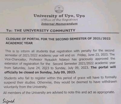 UNIUYO notice on closure of portal for 2nd semester, 2021/2022