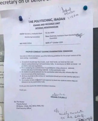 Poly Ibadan notice on proper conduct during examination