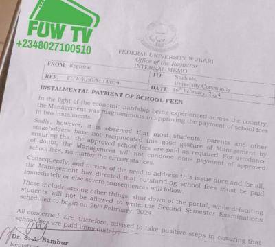 FUWUKARI notice on instalmental payment of school fees