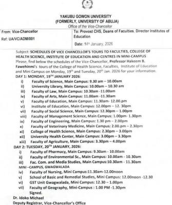 UNIABUJA announces schedule for VC's tour across faculties