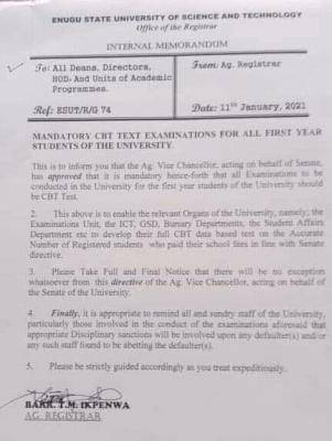 ESUT notice on mandatory CBT exam for first year students