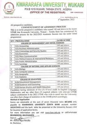 Kwararafa University Post-UTME/DE 2022: Cut-off mark, Eligibility & Registration Details