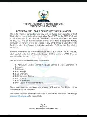 Federal University of Agriculture, Zuru Post-UTME Registration, 2026/2027