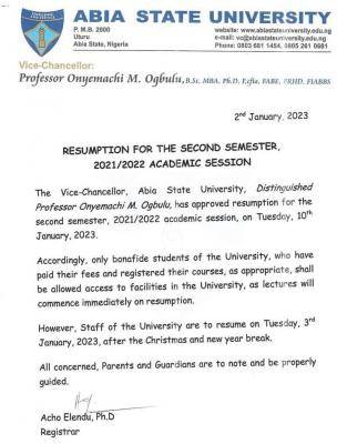 ABSU resumption date for 2nd semester, 2021/2022